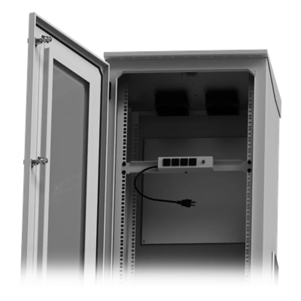 Gabinete de Piso Exterior / Rack 19" 16 U / Ventiladores con Termostato / IP-54 / Espacio para 2 Baterías / 110 VCA / 600 x 1429 x 5 mm