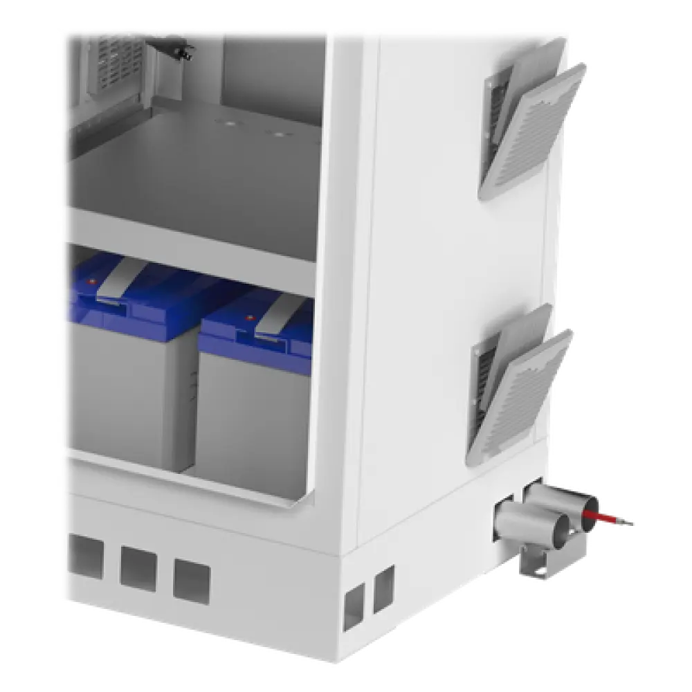 Gabinete de Piso Exterior / Rack 19" 16 U / Ventiladores con Termostato / IP-54 / Espacio para 2 Baterías / 110 VCA / 600 x 1429 x 5 mm