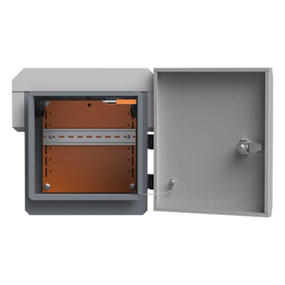 Gabinete de Protección IP55 / Acero SPCC / 250 x 250 x 180 mm / Rieles DIN / 4 Placas Laterales / Montaje Exterior