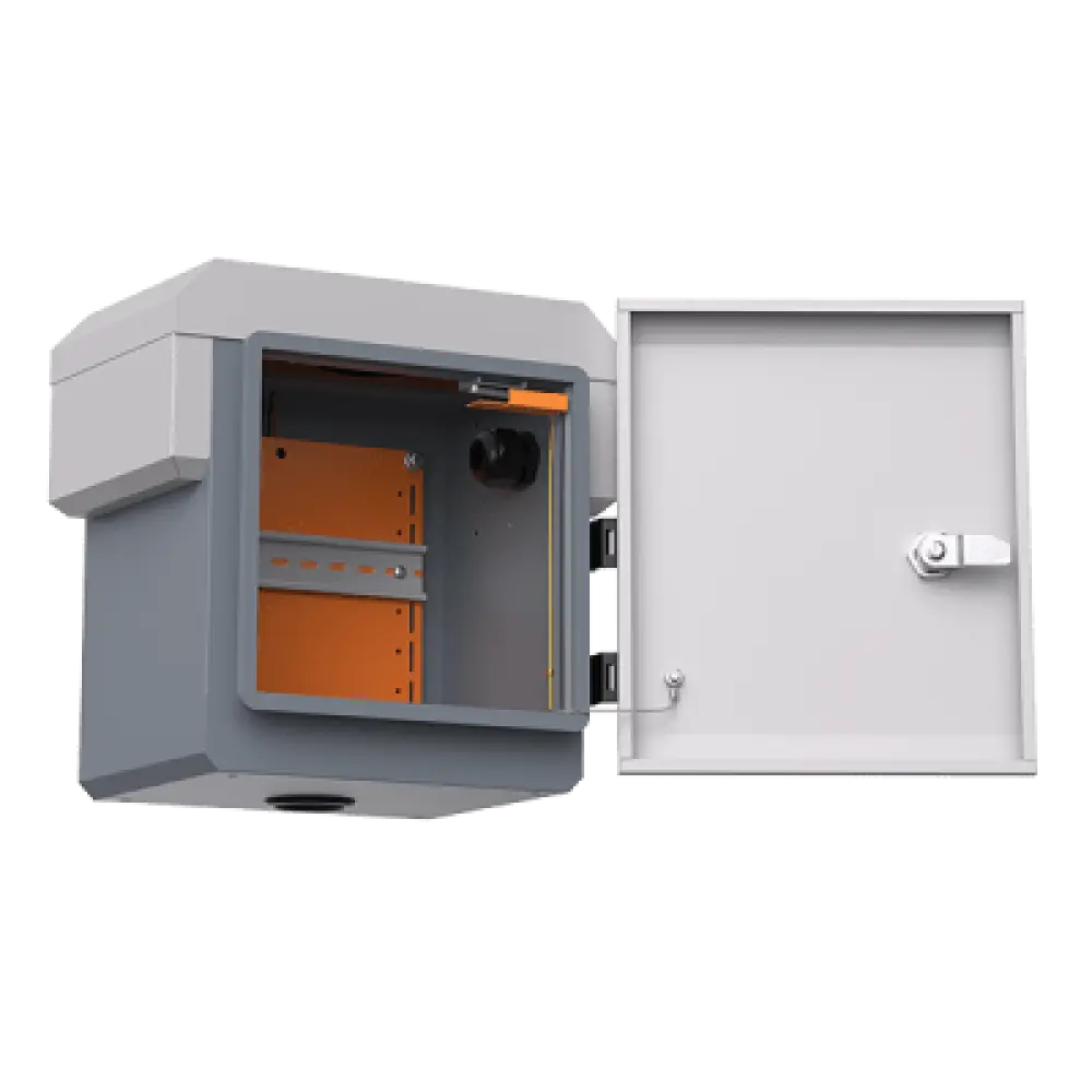Gabinete de Protección IP55 / Acero SPCC / 250 x 250 x 180 mm / Rieles DIN / 4 Placas Laterales / Montaje Exterior