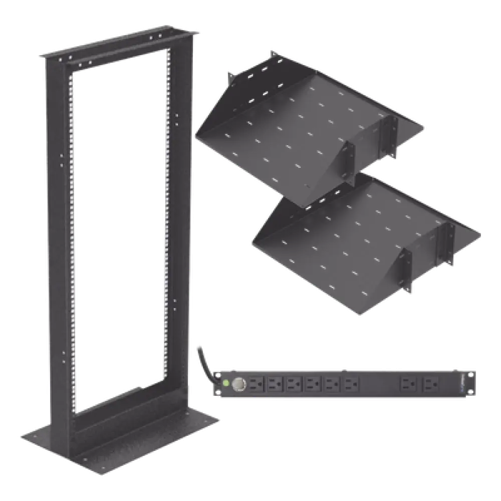 Kit de Rack 19" / 24 UR / 2 Charolas Centrales / PDU 10 Tomas 110 VCA / 15 A Máx.