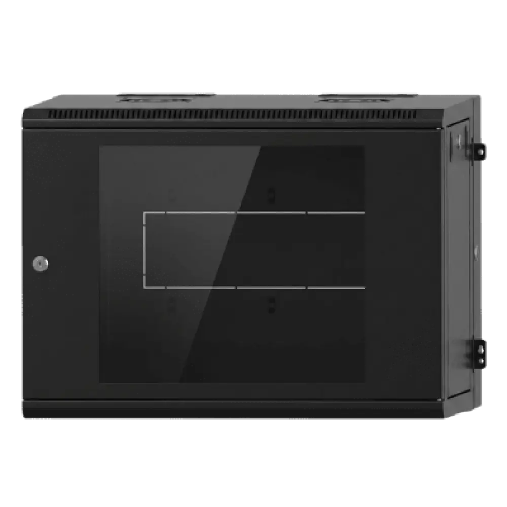 Gabinete Rack / 9U / Montaje en Pared / Puerta de Cristal Templado / Carga 80 kg / Abatible 120° / Ventilación 120 mm / Acero Calibres 18-22