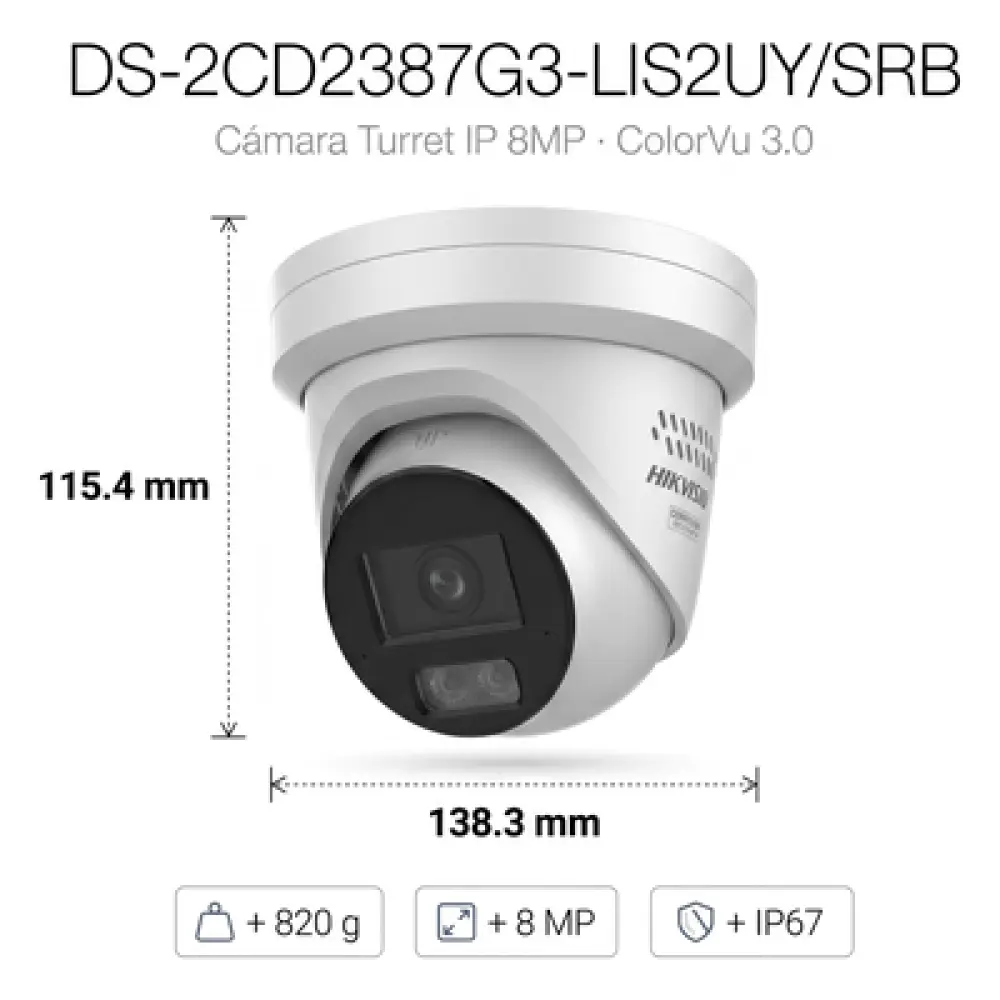 Turret IP / 8 MP / Lente 2.8 mm / 30 m IR + 98 ft Luz Blanca / Audio 2 Vías / IP67 NEMA 4X / WDR 130 dB / AcuSense 3.0