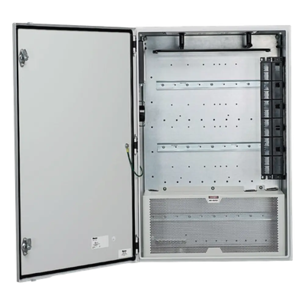 Gabinete de Zona de Red / Montaje en Pared / 2 Switches Industriales / IP66 / UL Tipo 4/12 / Rieles DIN / Puerta Reversible
