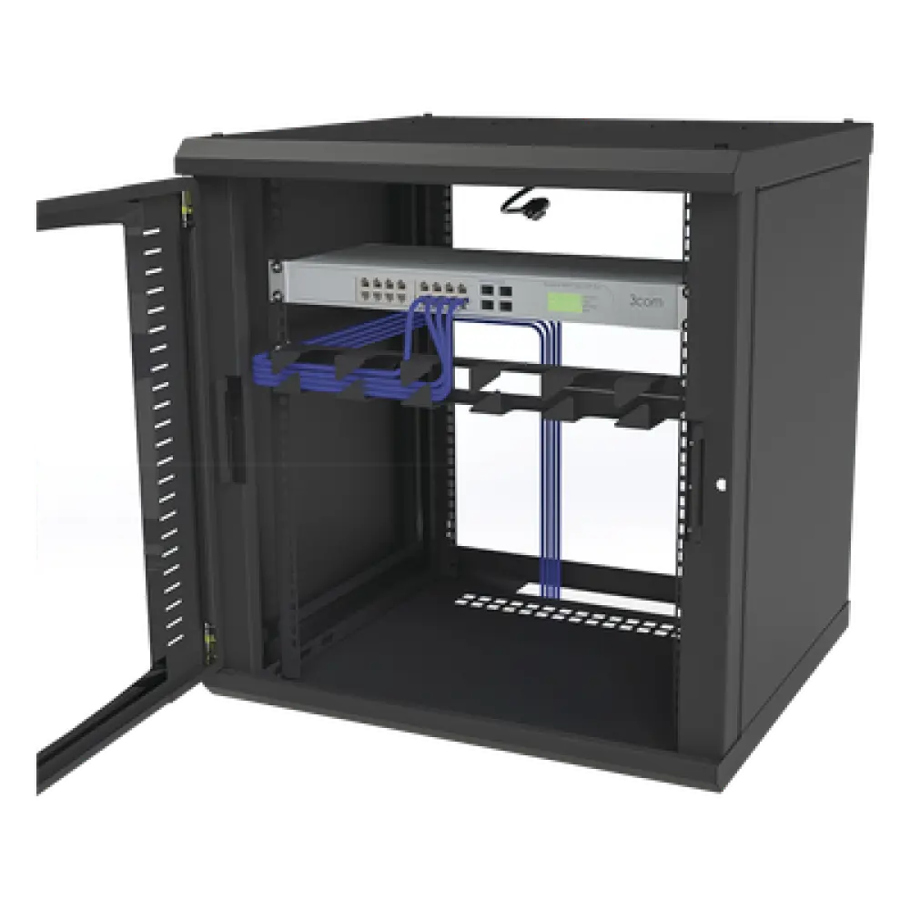 Gabinete de Pared para Rack 19in / 12 Unidades / Carga 100 kg / Puerta Cristal Templado / Postes Ajustables