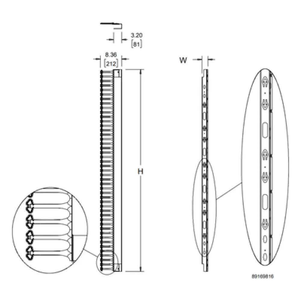 Organizador Vertical de Cables / 45 UR / 2 m (6.6 ft) / 726 Cables / RAL 9005 / Dedos 1.75 pulg / 95x208 mm