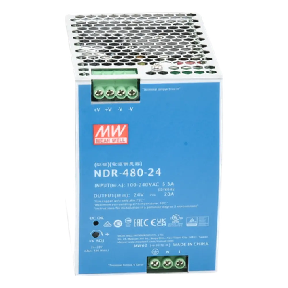 Fuente de Poder Industrial / 480W / Salida 24Vcc 20A / Entrada 100-240Vca / Eficiencia 92.5% / Riel DIN