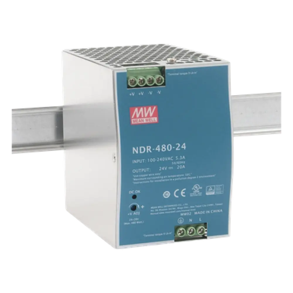 Fuente de Poder Industrial / 480W / Salida 24Vcc 20A / Entrada 100-240Vca / Eficiencia 92.5% / Riel DIN
