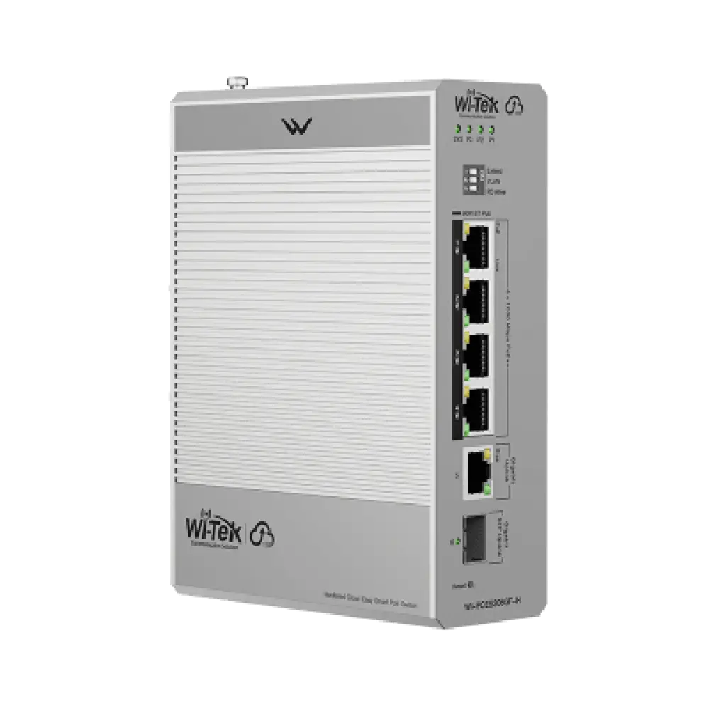 Switch Industrial PoE / 4 Puertos Gigabit PoE++ (802.3bt) 90W / 1 Puerto Gigabit + 1 SFP / Fanless / DIN-Rail / -30°C a 65°C / Presupuesto PoE 55W-300W