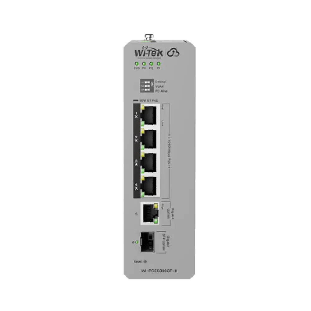 Switch Industrial PoE / 4 Puertos Gigabit PoE++ (802.3bt) 90W / 1 Puerto Gigabit + 1 SFP / Fanless / DIN-Rail / -30°C a 65°C / Presupuesto PoE 55W-300W