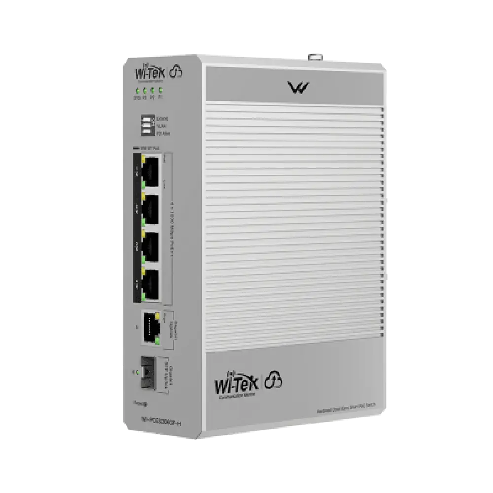 Switch Industrial PoE / 4 Puertos Gigabit PoE++ (802.3bt) 90W / 1 Puerto Gigabit + 1 SFP / Fanless / DIN-Rail / -30°C a 65°C / Presupuesto PoE 55W-300W