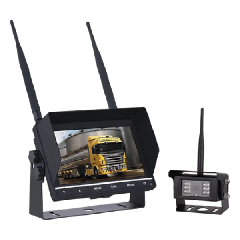 Sistema de Cámara de Reversa Inalámbrico / Monitor Táctil 7" / Resolución 800x480 / Visión Nocturna 20 m (65.6 ft) / Alcance 200 m (656 ft) / IP67