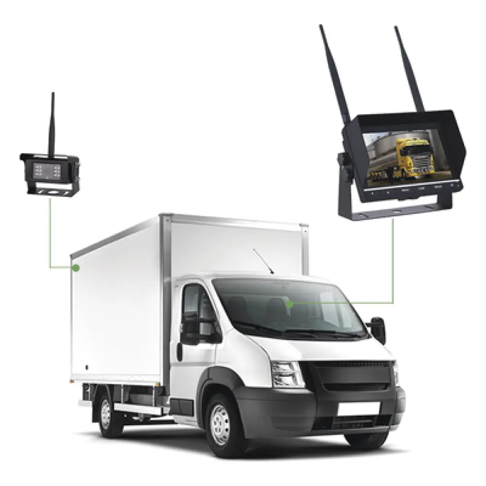 Sistema de Cámara de Reversa Inalámbrico / Monitor Táctil 7" / Resolución 800x480 / Visión Nocturna 20 m (65.6 ft) / Alcance 200 m (656 ft) / IP67