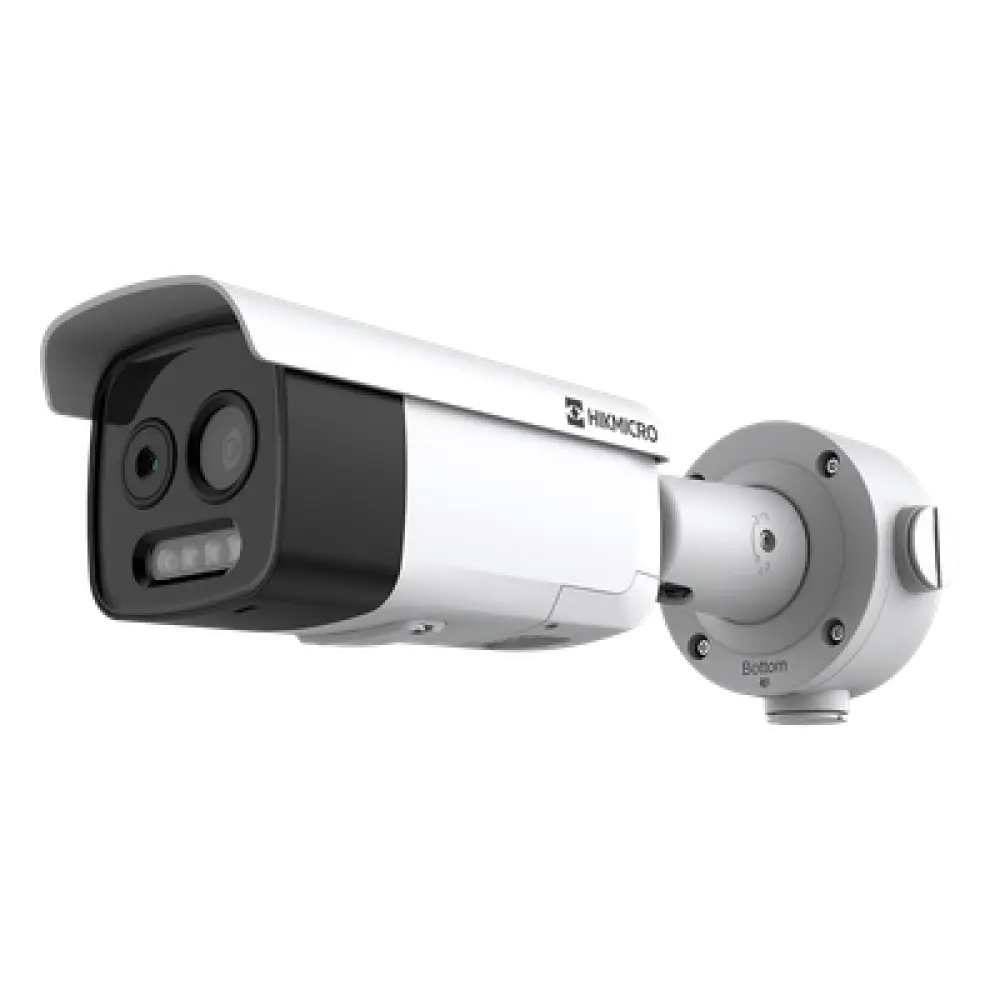 Cámara Bala Bi-Espectral / Térmica 256×192 / Óptica 5 MP / Personas 120 m (393.7 ft) / Fuego 74.4 m (244.1 ft) / Alarma / PoE