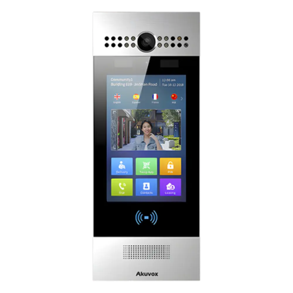 Videoportero IP / Pantalla Táctil 7" / Reconocimiento Facial / Dual Cámara 2MP / IP65 / IK06 / PoE / SIP / ONVIF / Android / QR y PIN / RFID 125kHz/13.56MHz / Bluetooth