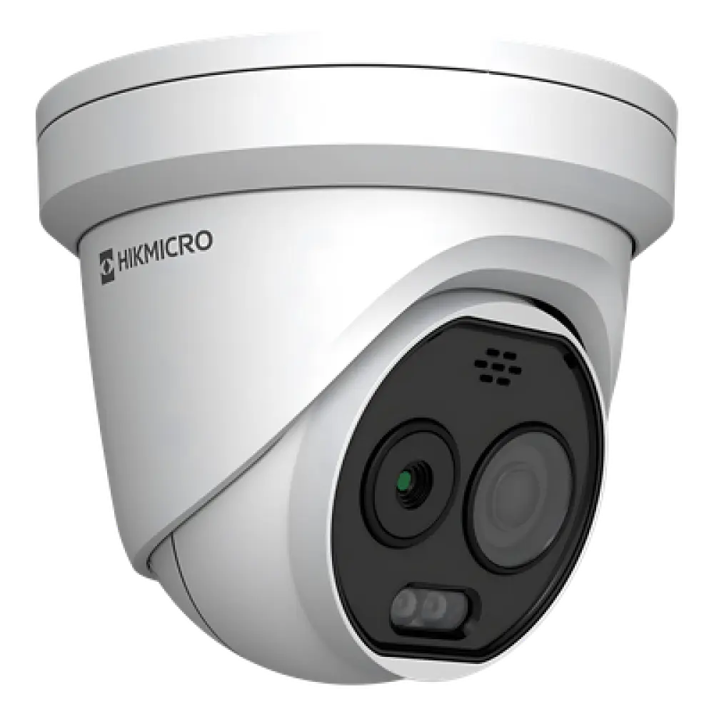 Cámara Turret IP Bi-espectral / Térmica 256×192 / Óptica 5 Megapixel / Detección de Temperatura -20°C a 650°C / Dual Light 30 m (98.4 ft) / IA Avanzada