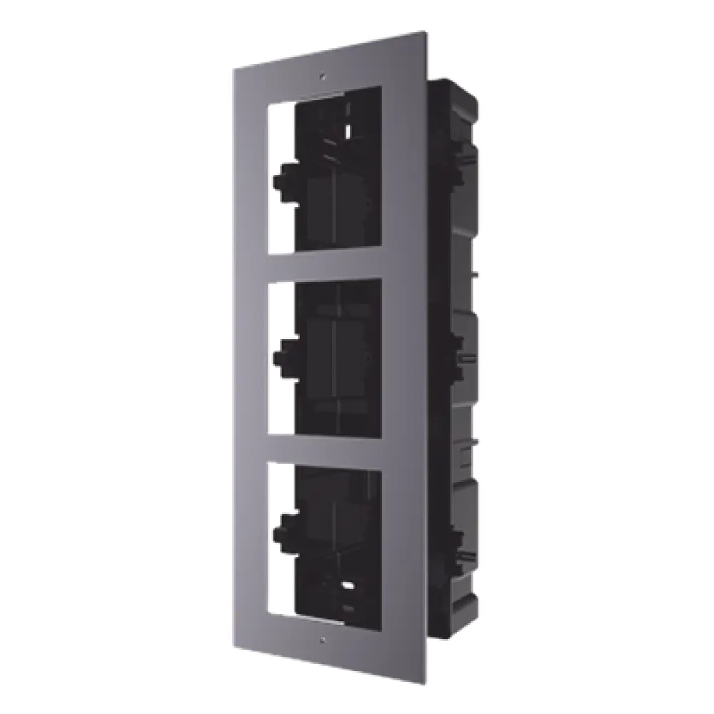 Marco de Instalación Empotrado / 3 Espacios para Módulos de Videoportero / Tapa de Aluminio / Rango Térmico -40°C a +60°C / IP Resistente a Humedad 10%-95%