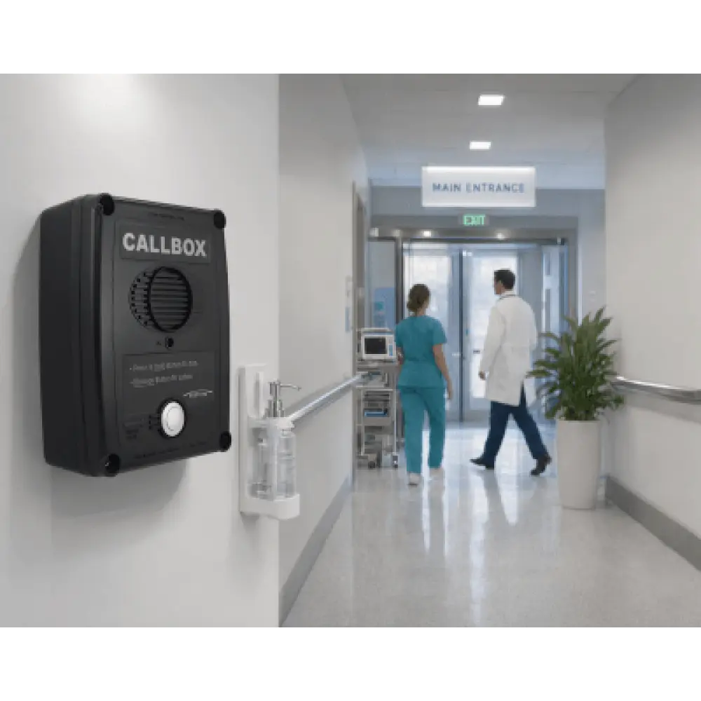 Callbox Inalámbrico UHF / 450-470 MHz / Gabinete de Policarbonato Resistente / PTT Antivandálico / Grabación de Mensajes / Uso en Exteriores