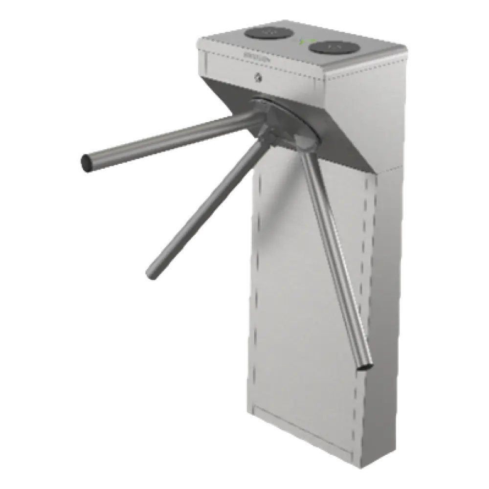 Torniquete Trípode Bidireccional / Acero Inoxidable SUS304 / 2 Millones MCBF / Carril 55 cm (21.7 in) / Apertura Emergencia Automática / LED Dirección / 110 VCA / -20°C a 65°C