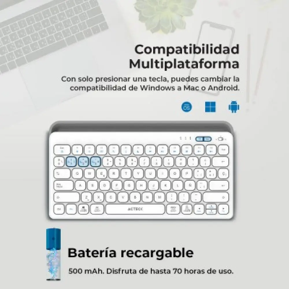 Teclado Inalámbrico Multidispositivos AC-940139 INSPIRE TREK TI737  Acteck Elite Series Bluetooth 5.1 - Dongle 2.4 MHz