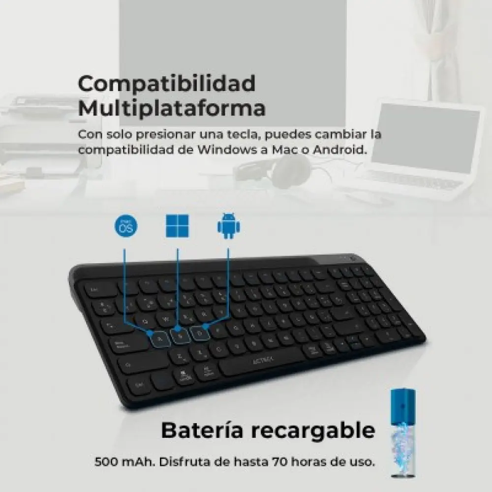Teclado Inalámbrico Multidispositivos INSPIRE TREK TI747 AC-940108  Acteck Elite Series Bluetooth 5.1 - Dongle 2.4 MHz