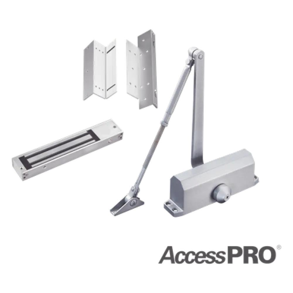 Kit de Control de Acceso / Chapa Magnética 280 kg (600 lbs) / Brackets L y Z / Cierra Puertas 45-65 kg / LED Indicador / Temporizador 1-45 s