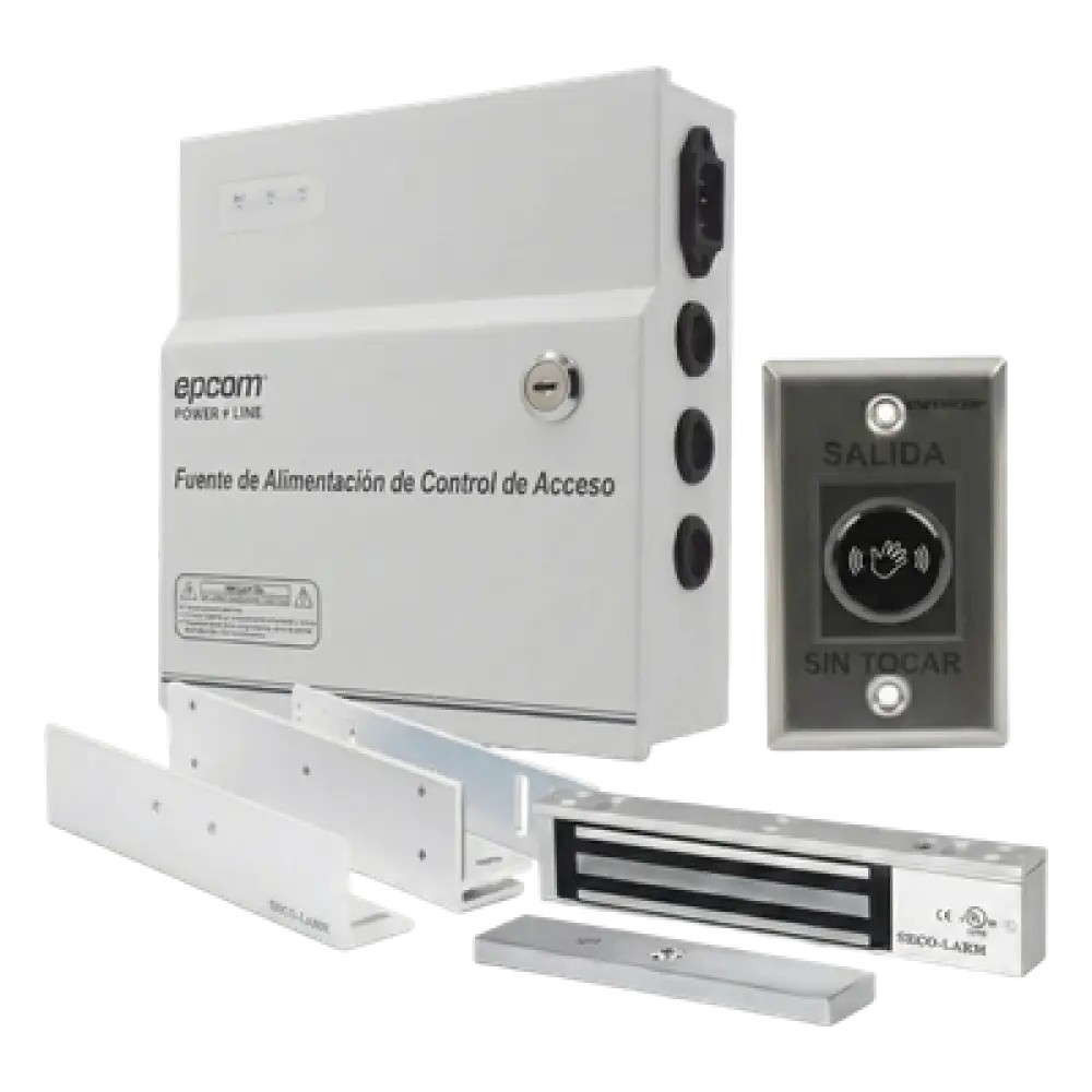 Kit de Control de Acceso / Fuente 12 VCD 5A / Chapa Magnética 600 lbs / Botón Sin Contacto / Montajes L y Z / Batería de Respaldo Opcional