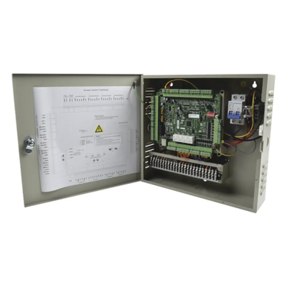Controlador de Acceso / 4 Puertas / 8 Lectores Huella y Tarjeta / 100,000 Tarjetas / 300,000 Eventos / TCP-IP / Integración Video / Gabinete con Fuente 12V DC 8A