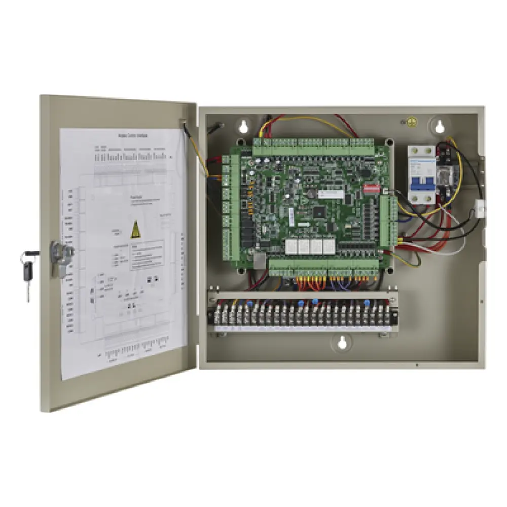 Controlador de Acceso / 4 Puertas / 8 Lectores Huella y Tarjeta / 100,000 Tarjetas / 300,000 Eventos / TCP-IP / Integración Video / Gabinete con Fuente 12V DC 8A