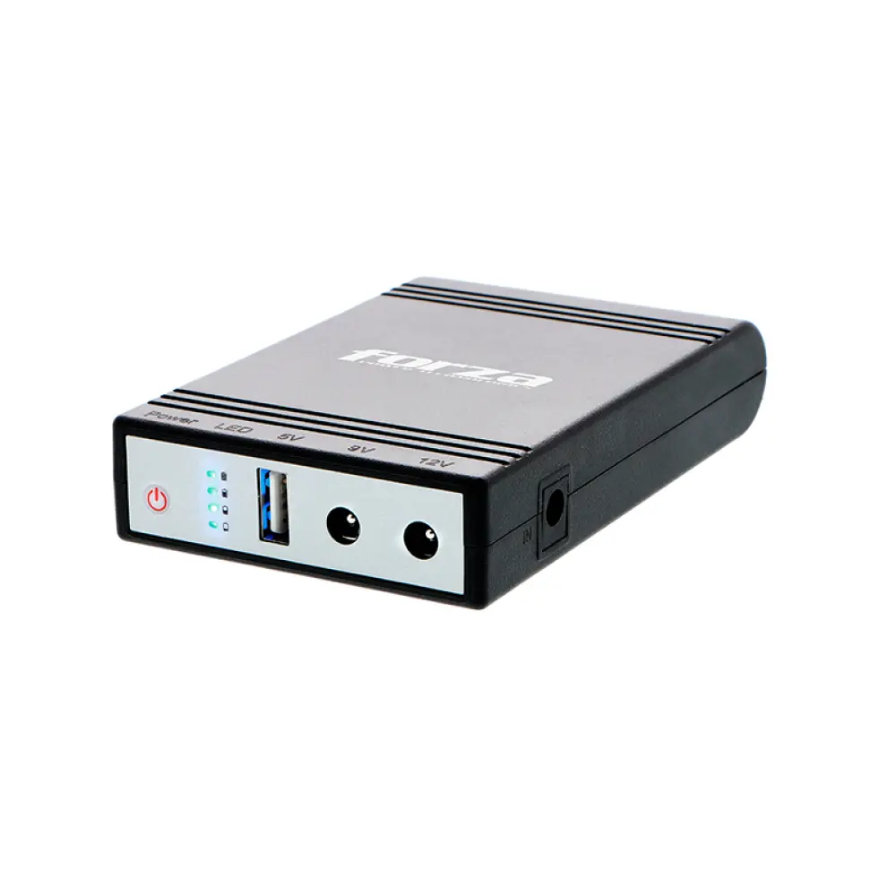 Mini UPS FORZA 24W (DC-140USB) - Batería de Litio 4000mAh, Salidas 5V/9V/12VCC y USB, Protección Sobrecargas, Color Negro