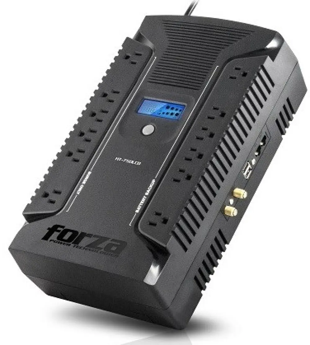 No-Break FORZA HT-750LCD 750VA/450W - Pantalla LCD, 12 Contactos 5-15R, Coaxial, 3 Puertos USB (2 USB-A/1 USB-C), Batería Intercambiable, Negro