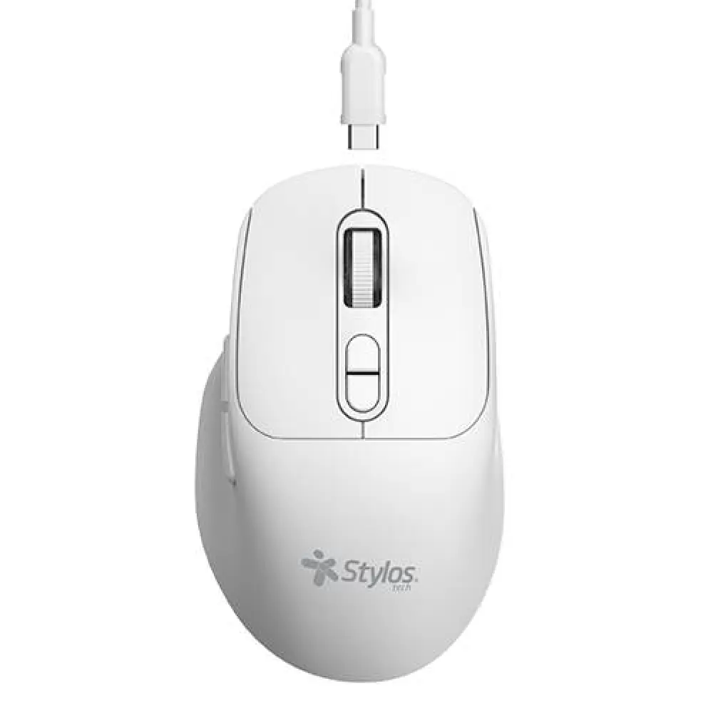 Mouse Inalambrico Recargable Stylos 1 - 600 Dpi 3 Niveles 6 Botones Conexión USB Nano 2.4Ghz Blanco. STPMOI8W