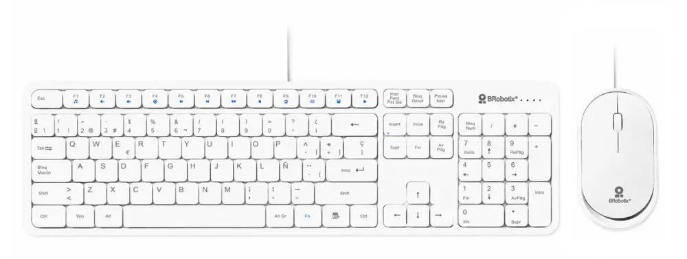 KIT TECLADO Y MOUSE USB ALÁMBRICO ULTRASILENCIOSO MULTIMEDIA - COMPATIBLE CON WINDOWS, IOS Y LINUX, BLANCO, 6008010 BROBOTIX