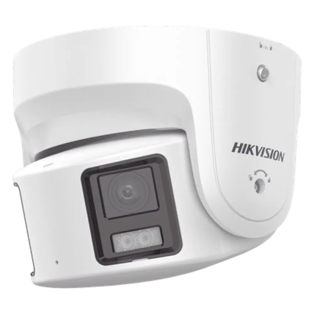 Cámara Turret IP Panorámica / 8 Megapixel / Dual Lente 4 mm 180° / Color 24/7 / WDR 130 dB / Luz Blanca 30 m (98.4 ft) / IP67 / PoE / Audio Bidireccional / AcuSense