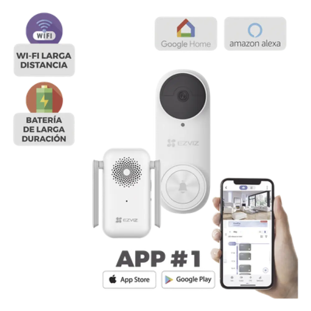Videoportero Wi-Fi / 3 Megapixel / Ángulo 176° / Batería 5200 mAh / IP65 / Detección PIR 5 m (16.4 ft) / Audio Bidireccional