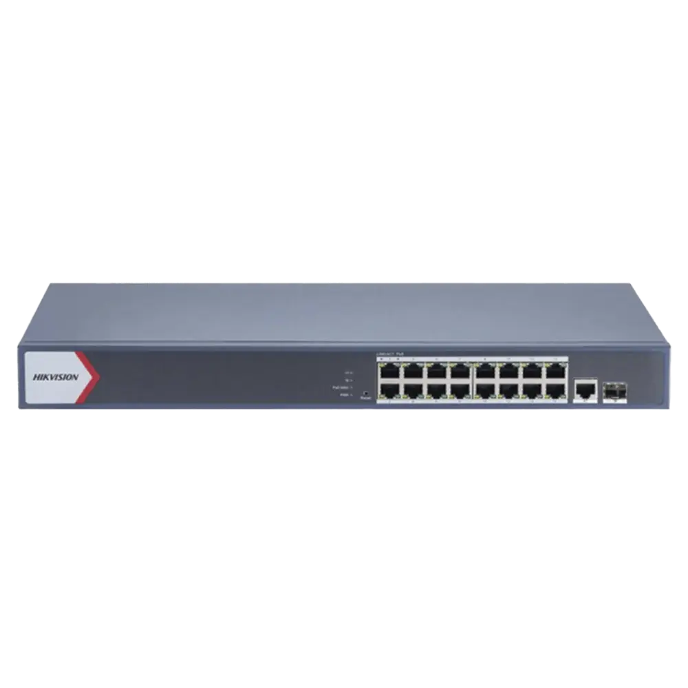 Switch Gigabit PoE+ / Monitoreable / 16 Puertos 1000 Mbps PoE+ / 1 Puerto 1000 Mbps de Uplink / 1 Puerto SFP / Configuración Nube desde Hik-PartnerPro / Modo Extendido hasta 300 Metros / 130 Watts