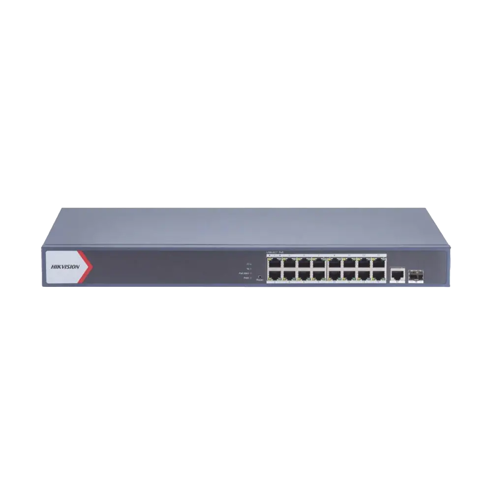 Switch Gigabit PoE+ / Monitoreable / 16 Puertos 1000 Mbps PoE+ / 1 Puerto 1000 Mbps de Uplink / 1 Puerto SFP / Configuración Nube desde Hik-PartnerPro / Modo Extendido hasta 300 Metros / 130 Watts