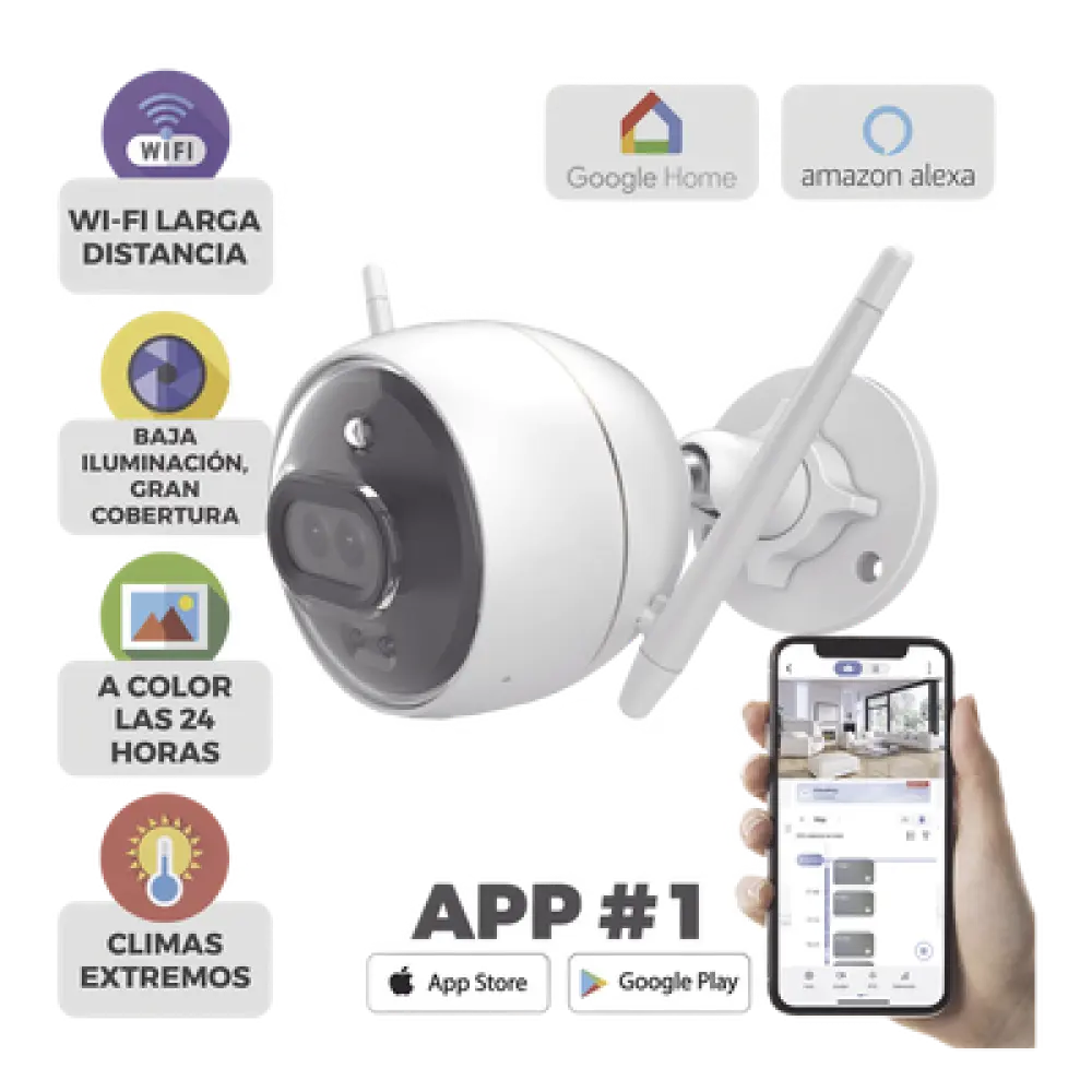 Cámara Bala IP / 2 Megapixel / Doble Lente 2.8 mm / 105° / Visión Nocturna a Color / IR 30 m (98.4 ft) / Wi-Fi 2.4 GHz / IP67 / Audio Bidireccional / Sirena y Luz Estroboscópica