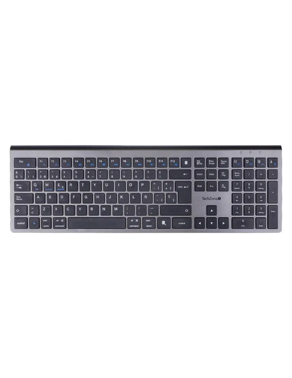 Teclado HEFESTOS recargable con conexión Bluetooth TECHZONE TZACTCB01 color plata - QWERTY. Compatibilidad: Windows, Android y MacOS.