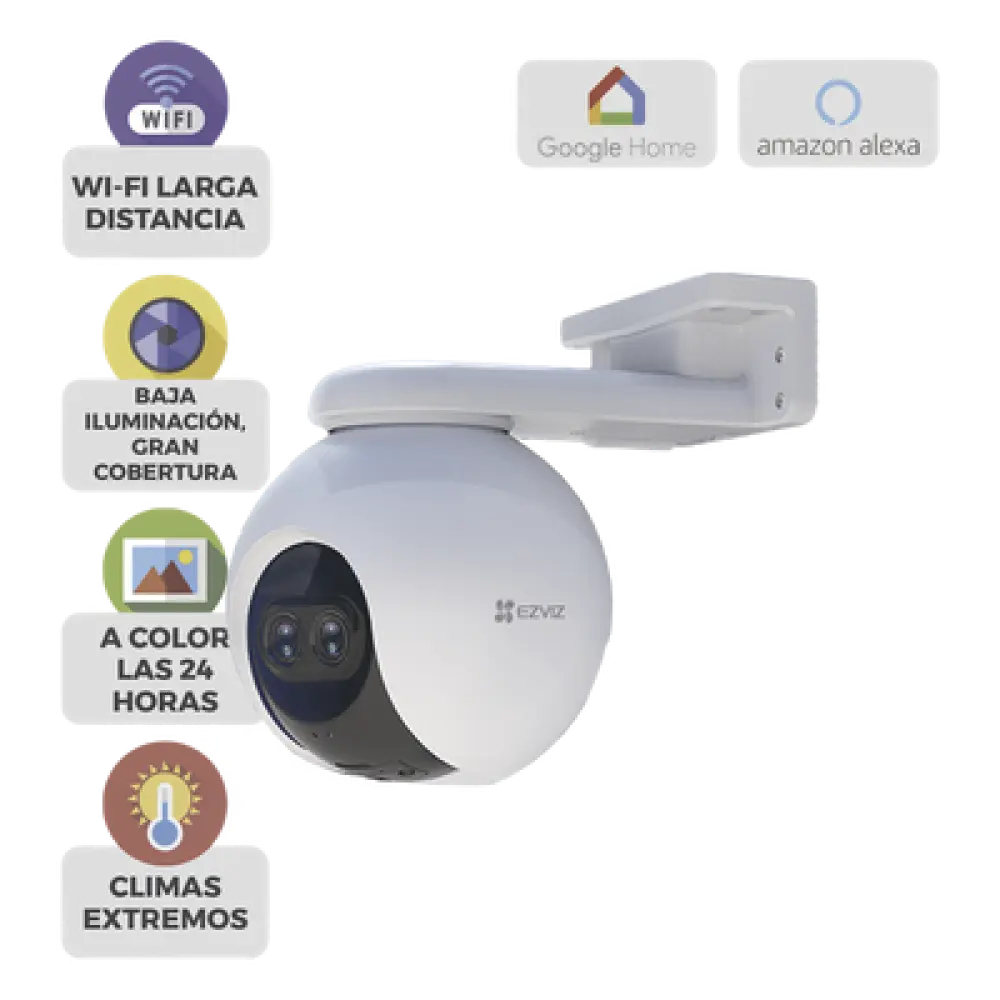 Cámara PT IP / 2 Megapixel / Lente Dual 2.8 mm y 12 mm / Visión Nocturna Color 30 m (98.4 ft) / Wi-Fi 2.4 GHz / IP65 / Cobertura 360°