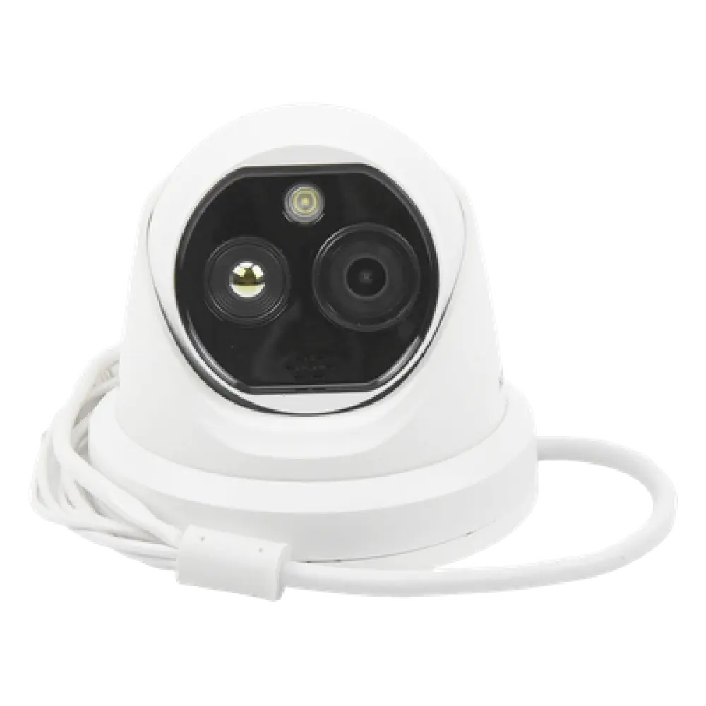 Turret IP Dual / Térmica 1.8 mm (160 x 120) / Óptico 2 mm (4 Megapixel) / Detección de Personas 53 mts / 15 mts IR / Exterior IP67 / PoE / Termométrica / Detección de Temperatura / Sirena y Luz / Micro SD 32 GB Incluida 