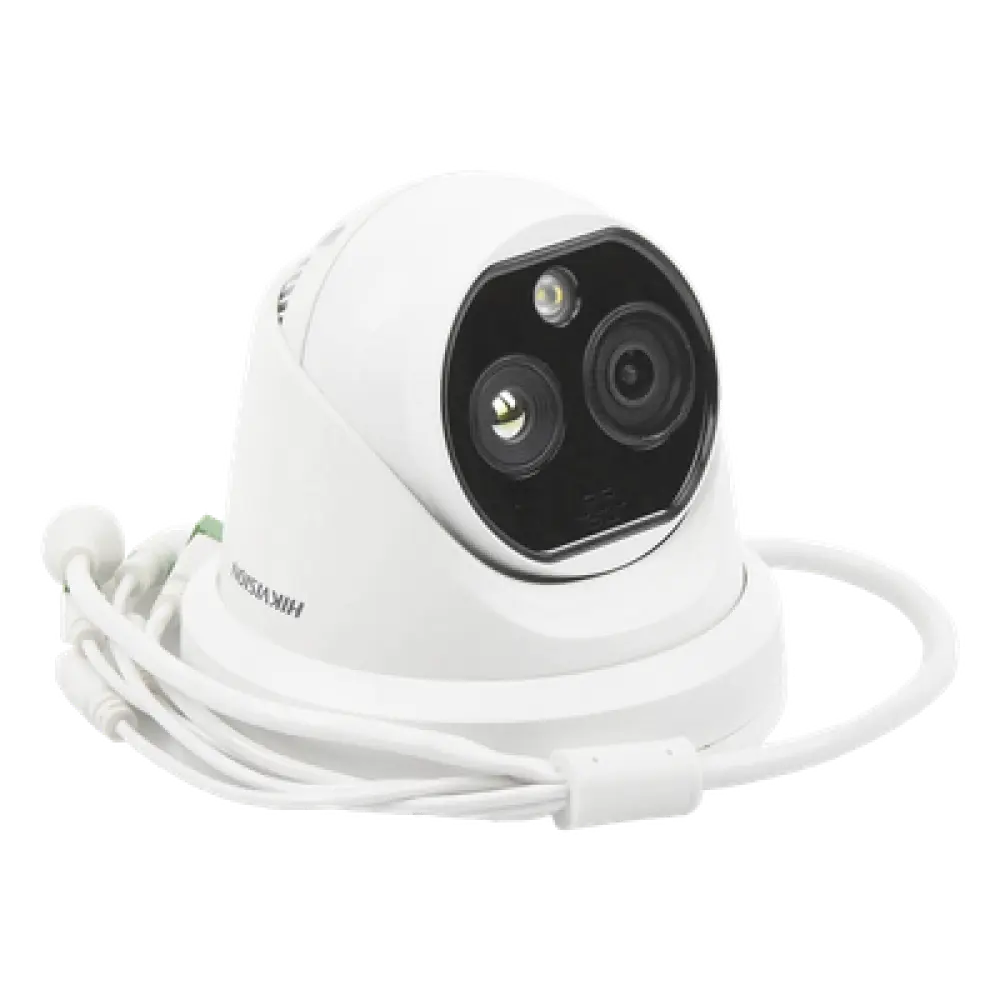 Turret IP Dual / Térmica 1.8 mm (160 x 120) / Óptico 2 mm (4 Megapixel) / Detección de Personas 53 mts / 15 mts IR / Exterior IP67 / PoE / Termométrica / Detección de Temperatura / Sirena y Luz / Micro SD 32 GB Incluida 